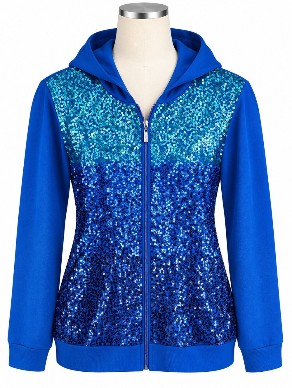 Quacker Factory Blue Ombre Sequin Zip Hoodie Jacket Sz L NWOT Casual Sparkle